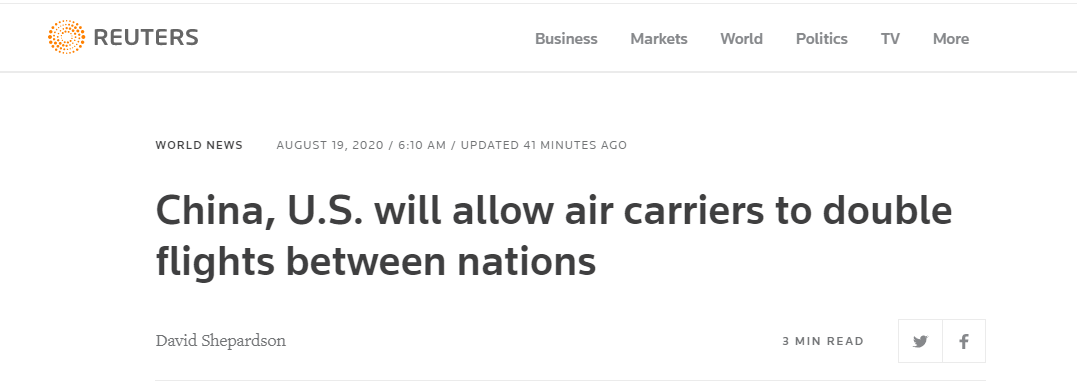 路透社：中美将允许两国间航班数量将增加一倍。