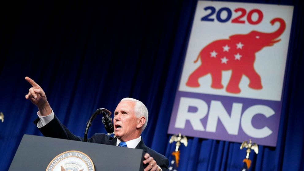 PHOTO: Vice President Mike Pence speaks at the 2020 Republican National Convention in Charlotte, Aug. 24, 2020.