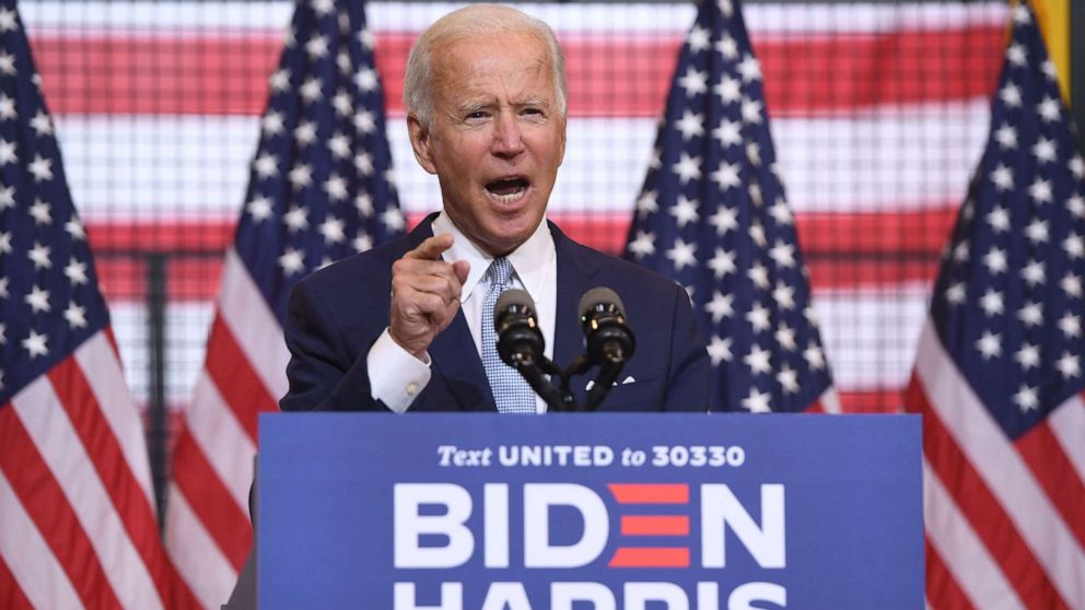 PHOTO: Democratic presidential nominee former US Vice President Joe Biden speaks during a campaign event at Mill 19 in Pittsburgh, Aug. 31, 2020.