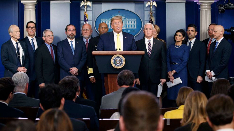 PHOTO: President Donald Trump speaks surrounded by members of the White House Coronavirus Task Force in the briefing room at the White House in Washington, March, 9, 2020.