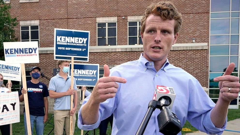 PHOTO: Rep. Joe Kennedy III stands in front of supporters while addressing members of the media during a campaign stop, Sept. 1, 2020, in Boston.