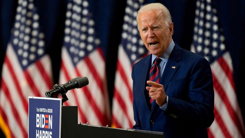 PHOTO: Democratic presidential candidate and former Vice President Joe Biden speaks on the state of the economy on Sept. 4, 2020, in Wilmington, Del.