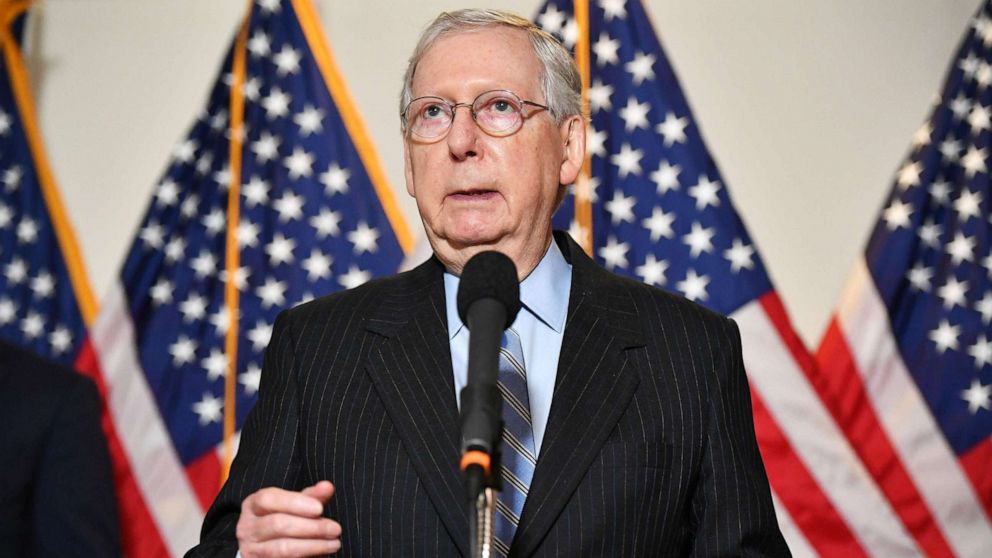 PHOTO: In this Aug. 4, 2020, file photo, Senate Majority Leader Mitch McConnell speaks after attending the Senate Republican luncheon at the Hart Senate Office Building on Capitol Hill  in Washington, DC.