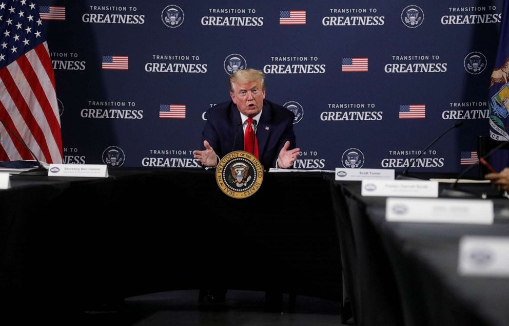 PHOTO: President Donald Trump speaks with members of the business community while visiting the Ford Rawsonville Components Plant, which is making ventilators and medical supplies, during the COVID-19 pandemic in Ypsilanti, Mich., May 21, 2020.