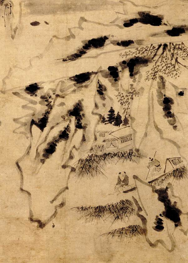 图九 倒挂的 山和树 《渔 乐图轴》局 部( 故 宫 博 物院藏) 采 自《 担 当 书 画全集》第 19 页
