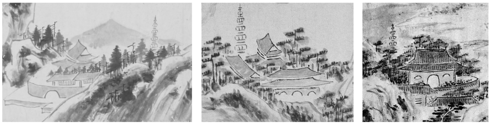 图十三 寺庙、塔 局部(从左往右)分别为《一筇万里图卷》(云南省博物馆藏)、《山水图卷》(南京博物院藏)、《树 倒叶枯图卷》(云南省博物馆藏) 采自《担当书画全集》第 35、55、58 页