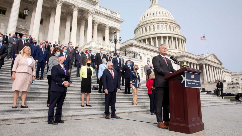 PHOTO:  House Minority Leader Republican Kevin McCarthy speaks at an event with Republican Representatives, at the East Front steps of the House of Representatives, in Washington, Sept. 15, 2020.