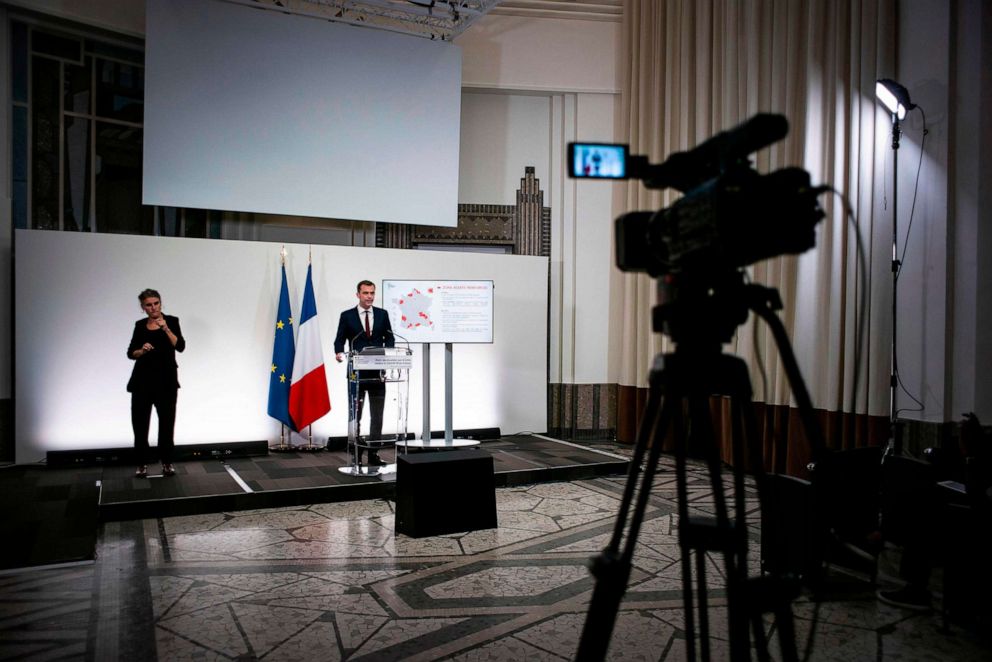 PHOTO: French Health Minister Olivier Veran addresses media representatives during a press conference about the situation of the novel coronavirus pandemic in France, at the Health Ministry in Paris, Sept. 23, 2020.
