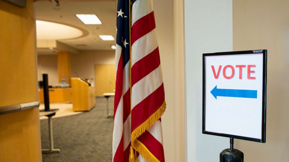 PHOTO: Signage directs voters at the Beltrami County Administration building on Sept. 18, 2020, in Bemidji, Minn.