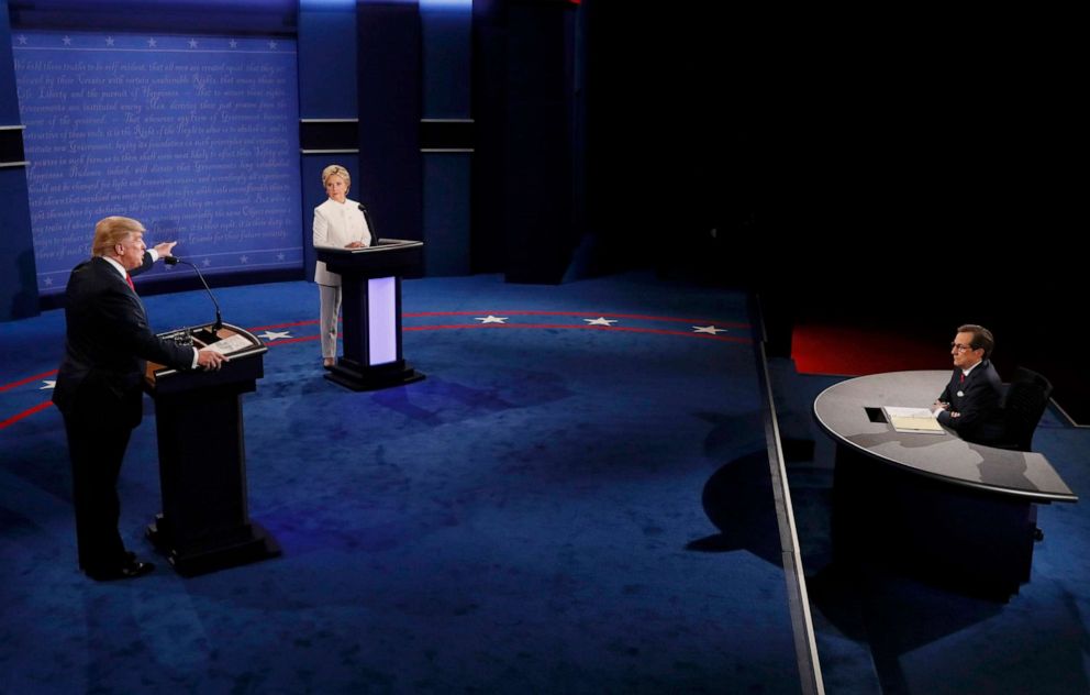 PHOTO: Donald Trump speaks as Hillary Clinton listens during their third and final debate moderated by Chris Wallace at UNLV in Las Vegas, Oct. 19, 2016. 