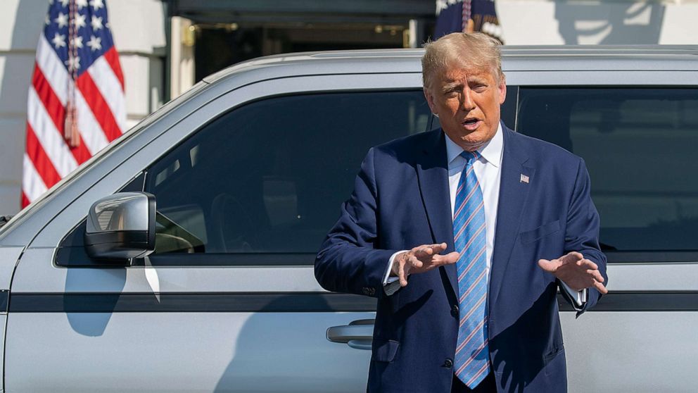 PHOTO: President Donald Trump talks about the new Endurance all-electric pickup truck on the south lawn of the White House, Sept. 28, 2020.