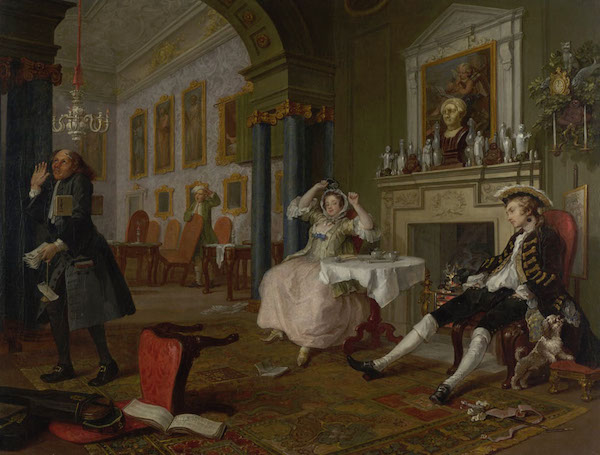 威廉·荷加斯，《时髦的婚姻：结婚以后》，1743年。该作品讲述了一段以通奸与谋杀结尾的贵族联姻。