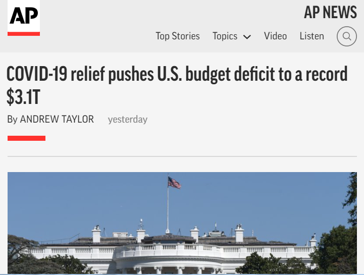 美联社称，疫情救助措施将美国预算赤字推至创纪录的3.1万亿美元
