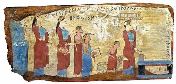 祭祀队伍<BR/>在这块非同寻常的木板画之上，人们牵着一只绵羊前往祭坛献祭。这只绵羊拴在一条红色短绳上，红色象征它是奉献给神的祭品。<BR/>约公元前530 年，雅典，国立考古博物馆
