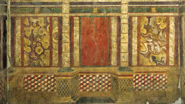 罗马的狮鹫之家<BR/>狮鹫之家是一幢住宅，位于帕拉蒂尼山上。住宅内有一个大厅，厅内的墙壁上有一组运用了透视原理而具有立体感的壁画，属于庞贝第二风格。画中使用了许多不同种类的红色颜料：朱砂、赤铁矿、红铅。<BR/>约公元前80 年，罗马，狮鹫之家