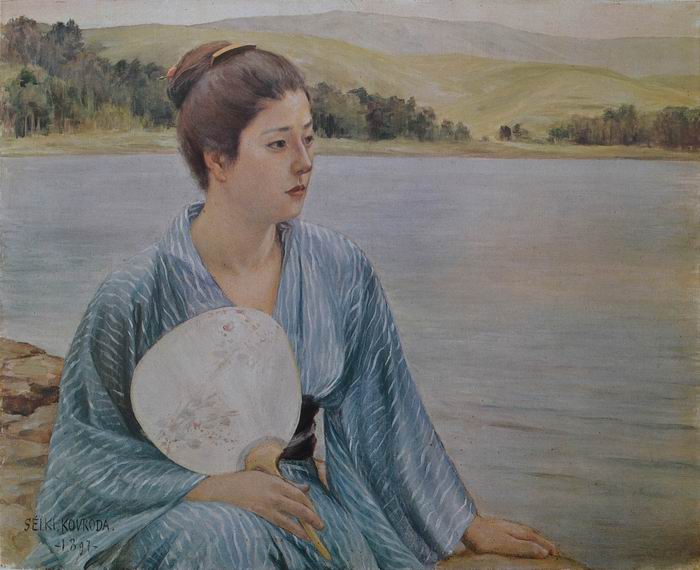黑田清辉《湖畔》 1897年 布面油画 日本东京国立文化财研究所藏<BR/>这是黑田夫人的像，画面色调明快，人物与风景浑然一体。这是他画风转换期的代表作。以西洋的画材和技法，描写日本的人物和风景。这幅作品反映了近代日本追赶欧美列强过程中摸索的姿态象征。他确立了日本的油画表现手法。