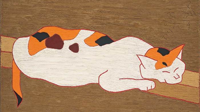 熊谷守一《猫》1965年 木板油画 木村定三藏<BR/>熊谷守一晚年的作品是极简主义油画，其效果反而和日本画很近。