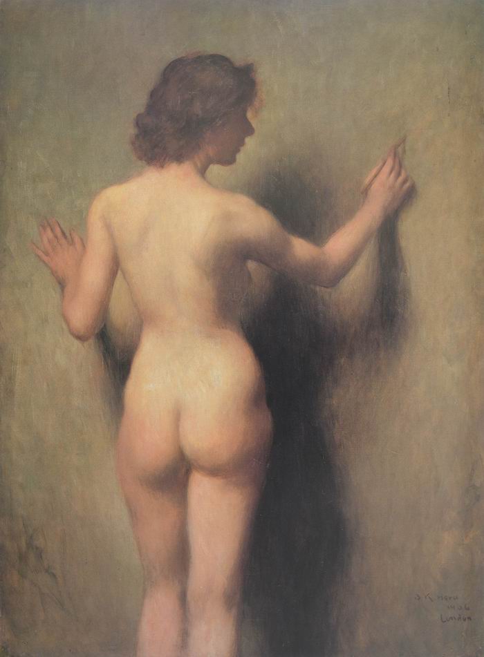 原抚松《裸妇》1906年 布面油画 日本东京艺术大学藏<BR/>模特的理想姿态来自西方古典，用光影刻画出人体与周围空间的关系。任教于东京美术学校，他教授的自然主义绘画成为日本油画的正统。