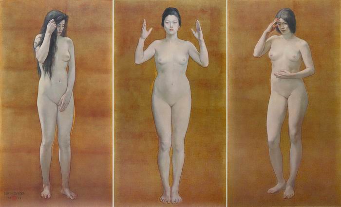 黑田清辉《智感情》布面油画 日本东京国立博物馆藏<BR/>去掉模特的个性，将造型极端理想化，背是日本画中常见的金箔。这是画家在日本推行人体画<BR/>的理想表现。