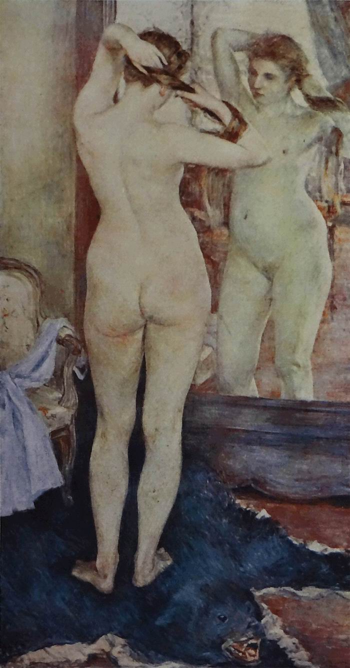 黑田清辉《朝妆》1893年<BR/>1893年在法国画展得奖，1895年在国内劝业博览会展出引起极大争议，此作品第二次大战中被烧失。