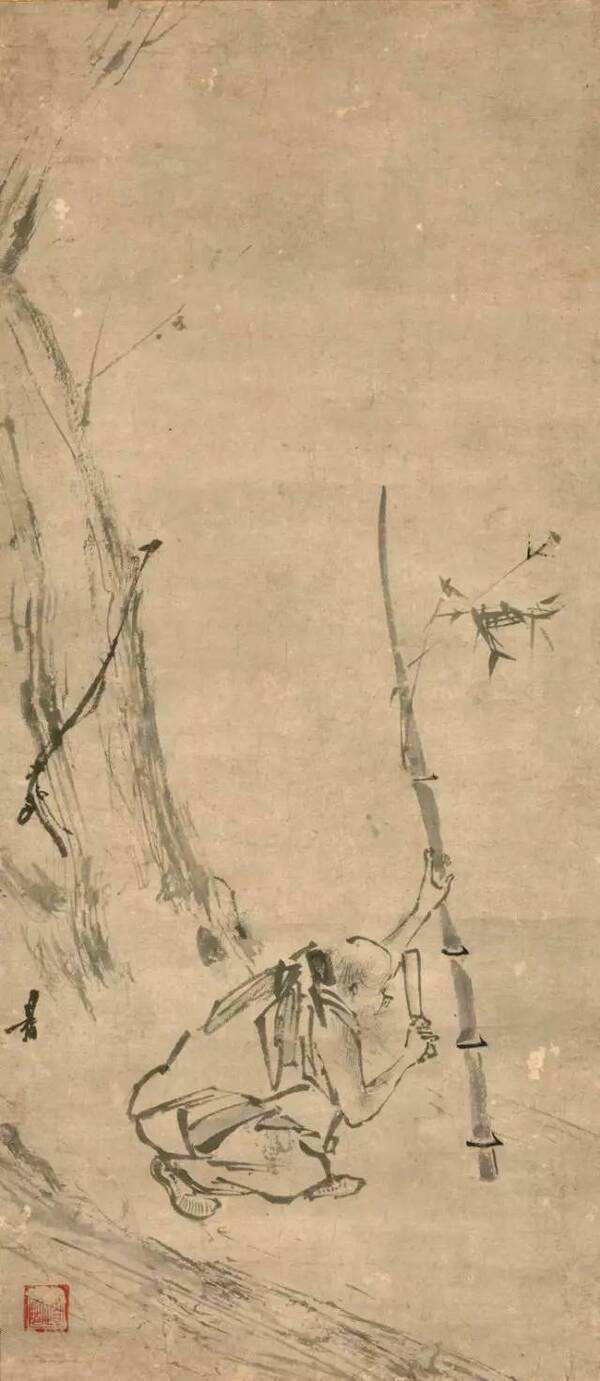 图9 南宋，梁楷，《六祖斫竹图》，纸本墨笔，轴，73x31.8厘米，东京国立博物院藏。