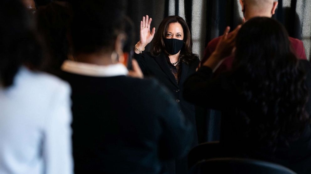 PHOTO: Kamala Harris, Democratic Vice Presidential nominee, waves as she arrives to speak to a group of students from HBCUs (Historically black colleges and universities), Oct. 23, 2020, in Atlanta.