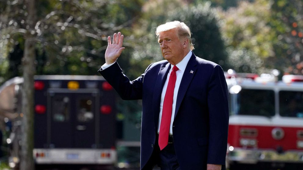 PHOTO: President Donald Trump waves as he walks to board Marine One on the South Lawn of the White House, Oct. 23, 2020, in Washington.