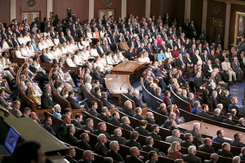 PHOTO: Democrats and Republicans lawmakers listen during President Trump's State of the Union address to a joint session of Congress in the chamber of the U.S. House of Representatives in Washington, Feb. 5, 2019.