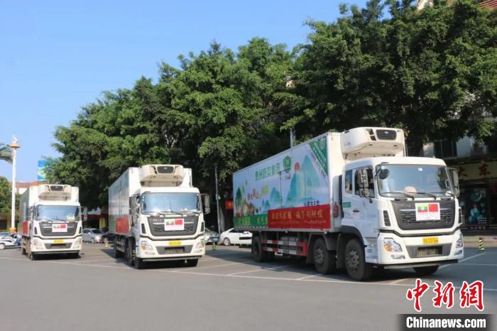 图为满载捐赠物资的标准集装箱卡车开赴缅甸仰光省和曼德勒省。云南省人民政府外事办公室提供