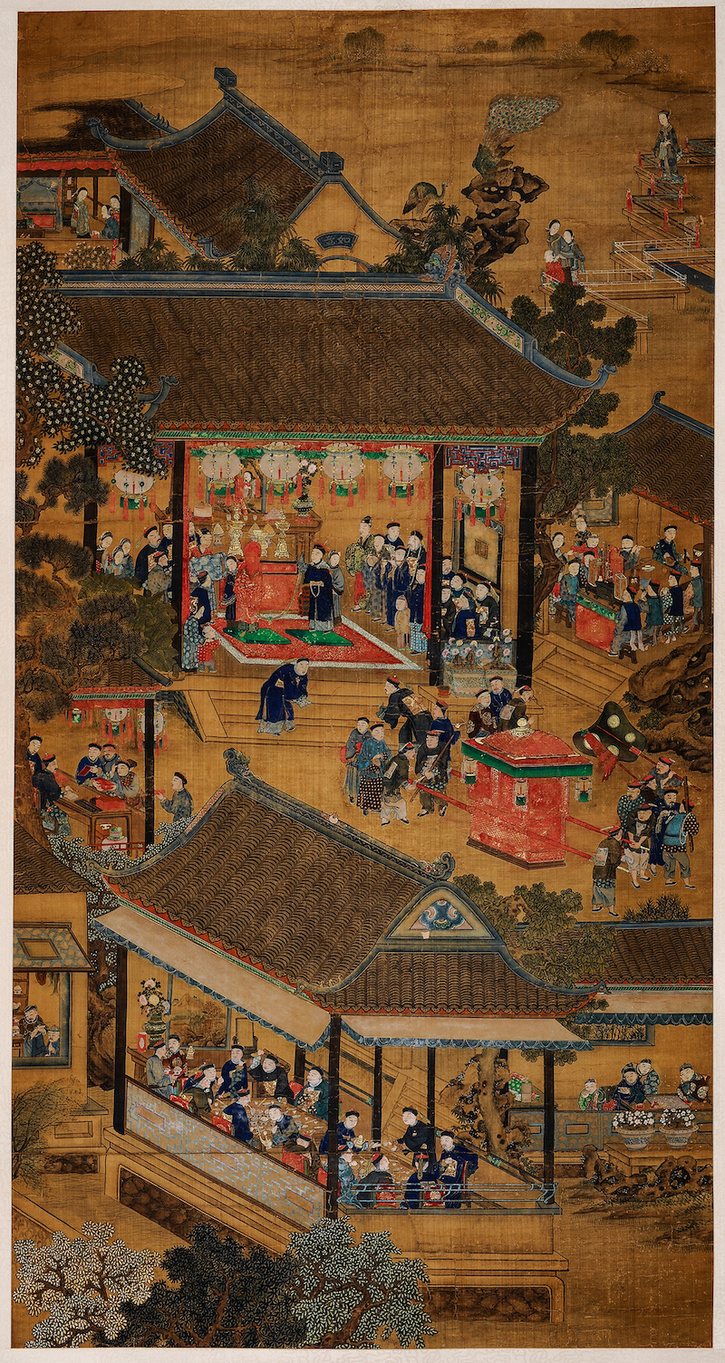 《婚庆图》绢本设色，131x68cm，清中晚期，大观文化馆藏