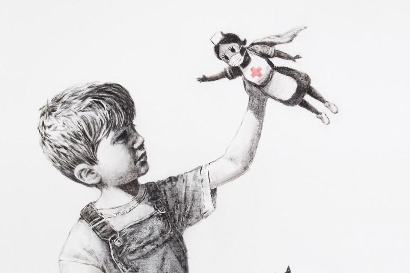 2020年，班克斯在医院留下涂鸦，画中男孩拿着穿着护士服的玩具玩耍。