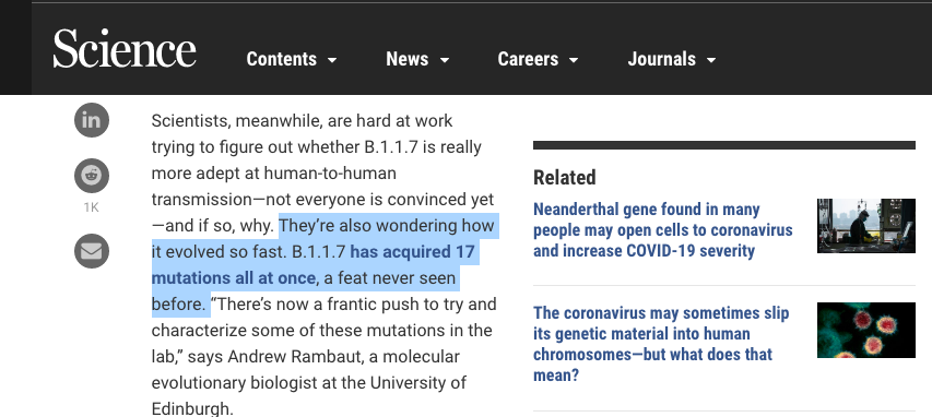 《科学》杂志报道截图：B.1.1.7变种病毒已出现17个位点突变。