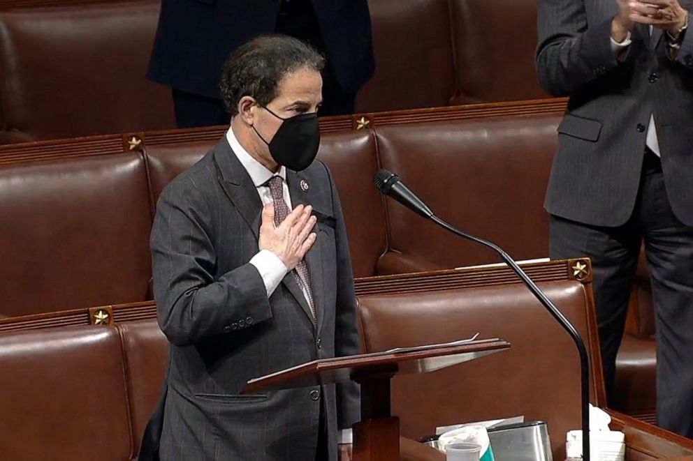In this screenshot taken from congress.gov, Rep. Jamie Raskin, D-Md., gestures after receiving a standing ovation before speaking during a House debate session to ratify the 2020 presidential election at the U.S. Capitol on Jan. 6, 2021 in Washington.