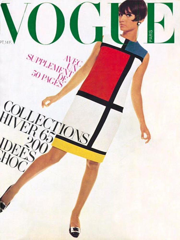 伊夫·圣·罗兰出品了一件无袖宽松羊毛连衣裙，以蒙德里安《红黄蓝构成》中的原色色块和黑色直线为装饰，登上了法国《时尚》杂志1965年秋季号的封面。