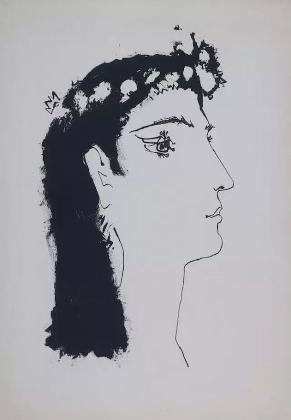 毕加索《给摘花的女孩》。1935年，毕加索将著名诗人路易斯·贡戈拉的诗集《二十首诗》手抄一遍，每首诗配一幅画，并做成了铜版画，改画就是其中之一。现存于他的《贡戈拉的二十首诗》系列版画中