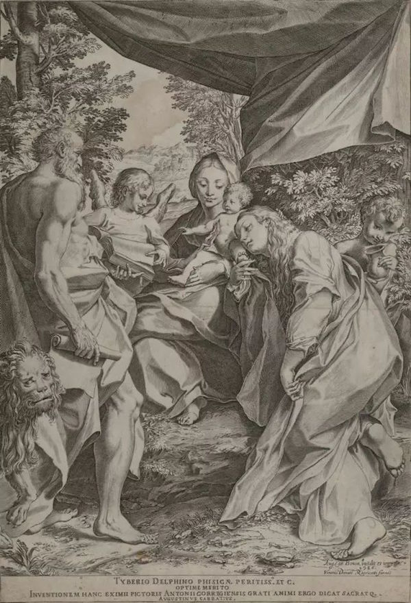 阿戈斯蒂诺·卡拉齐（1557-1602），《圣母与圣婴，麦格达伦的玛丽亚和圣·杰罗姆》，铜版画，1586年，来源于帕尔马博物馆的一幅科雷乔的画作。阿戈斯蒂诺复制了很多画作，供无法目睹原著的艺术学生使用