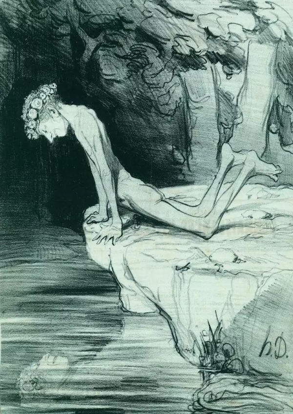 奥诺雷·杜米埃（1808-1879年）《英俊的那喀索斯》，《古事纪》图版23。这幅那喀索斯（一个身材瘦长的法国少年）自恋的图画与尼古拉·普桑等画家描绘的那喀索斯的悲剧形象相差甚远