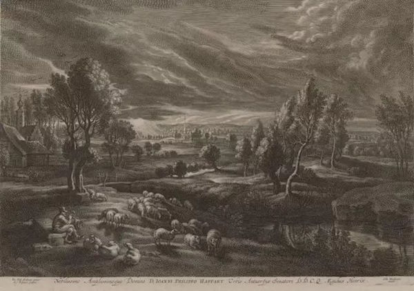 舍尔特·亚当斯·波尔斯沃特（约1586-1659年）《夕阳下的牧羊人与羊群》，蚀刻版画，鲁本斯“小景系列”。鲁本斯原作藏于伦敦英国国家美术馆