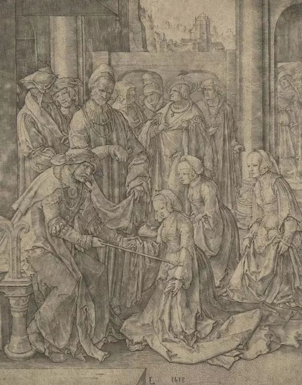 卢卡斯·凡·莱顿（1494-1533）《在国王亚哈随鲁面前的以斯帖》铜版画。圣经女英雄以斯帖正在为犹太人们的生命恳求她的丈夫波斯国王。以斯帖有时候被基督徒视为圣母（与上帝调解的人）的前身