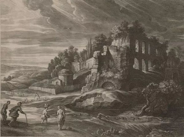 舍尔特·亚当斯·波尔斯沃特《古代废墟》，蚀刻版画，鲁本斯“小景系列”。画中场景描绘的是罗马的帕拉蒂尼山
