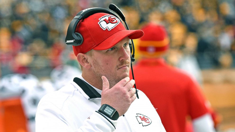 PHOTO: Quality control coach Britt Reid of the Kansas City Chiefs looks on from the sideline before a game against the Pittsburgh Steelers at Heinz Field, Dec. 21, 2014, in Pittsburgh.