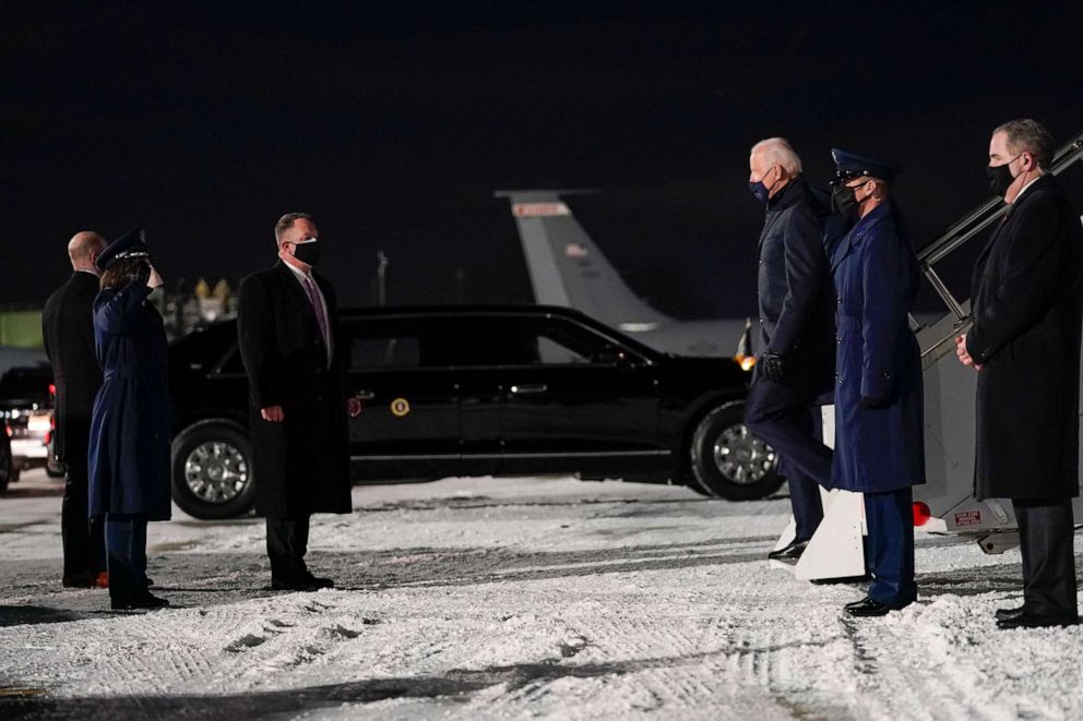 PHOTO: President Joe Biden arrives at General Mitchell International Airport to participate in a town hall event at Pabst Theater, Feb. 16, 2021, in Milwaukee. 