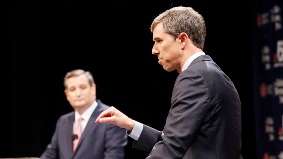 PHOTO: DALLAS, Rep. Beto O'Rourke makes a point as Sen. Ted Cruz waits his turn during a debate in Dallas, Sept. 21, 2018.