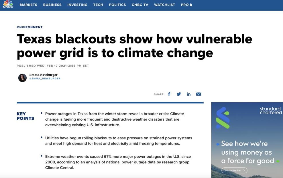 CNBC称，得州断电表明电网面对气候变化的脆弱性