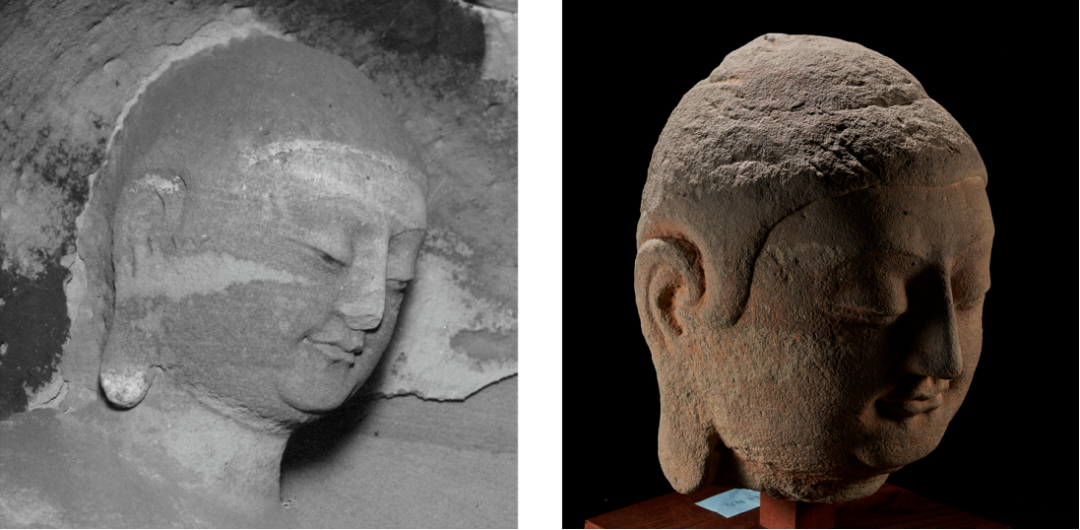 左 | 岩田《天龙山石窟》图版41截图；右 | 佛首回运后拍摄的高清图，罗征/摄 图源©国家文物局