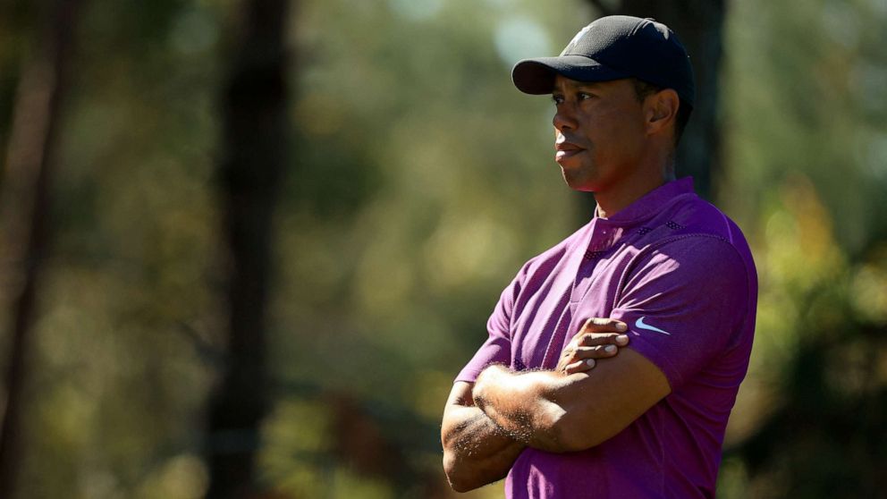 PHOTO: Tiger Woods looks on during the first round of the PNC Championship at the Ritz Carlton Golf Club, Dec. 19, 2020, in Orlando, Florida.