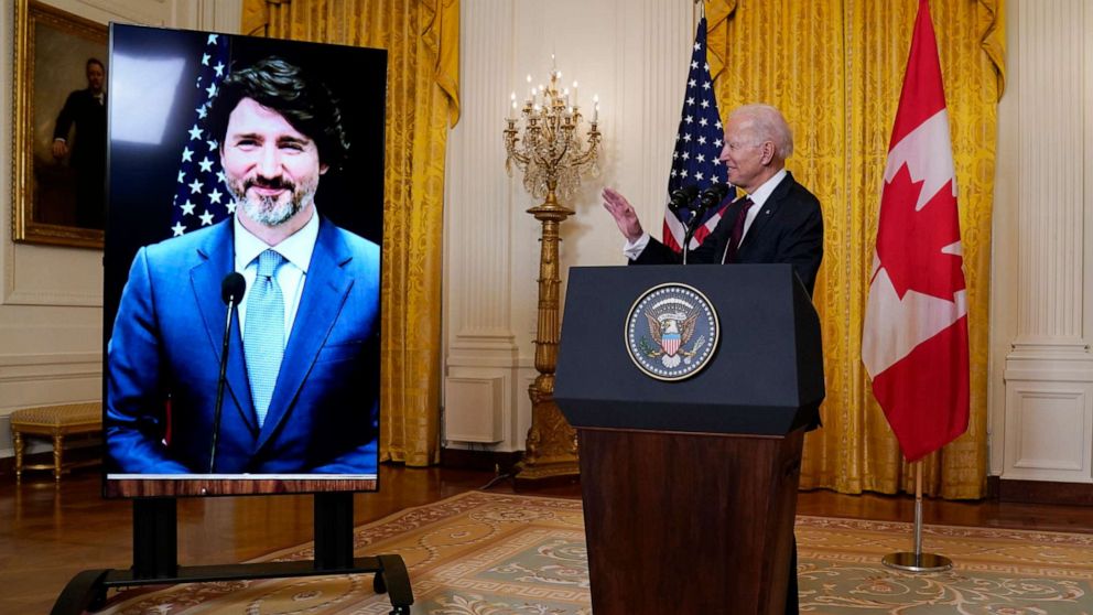 PHOTO: President Joe Biden speaks after holding a virtual meeting with Canadian Prime Minister Justin Trudeau, in the East Room of the White House, Feb. 23, 2021, in Washington.