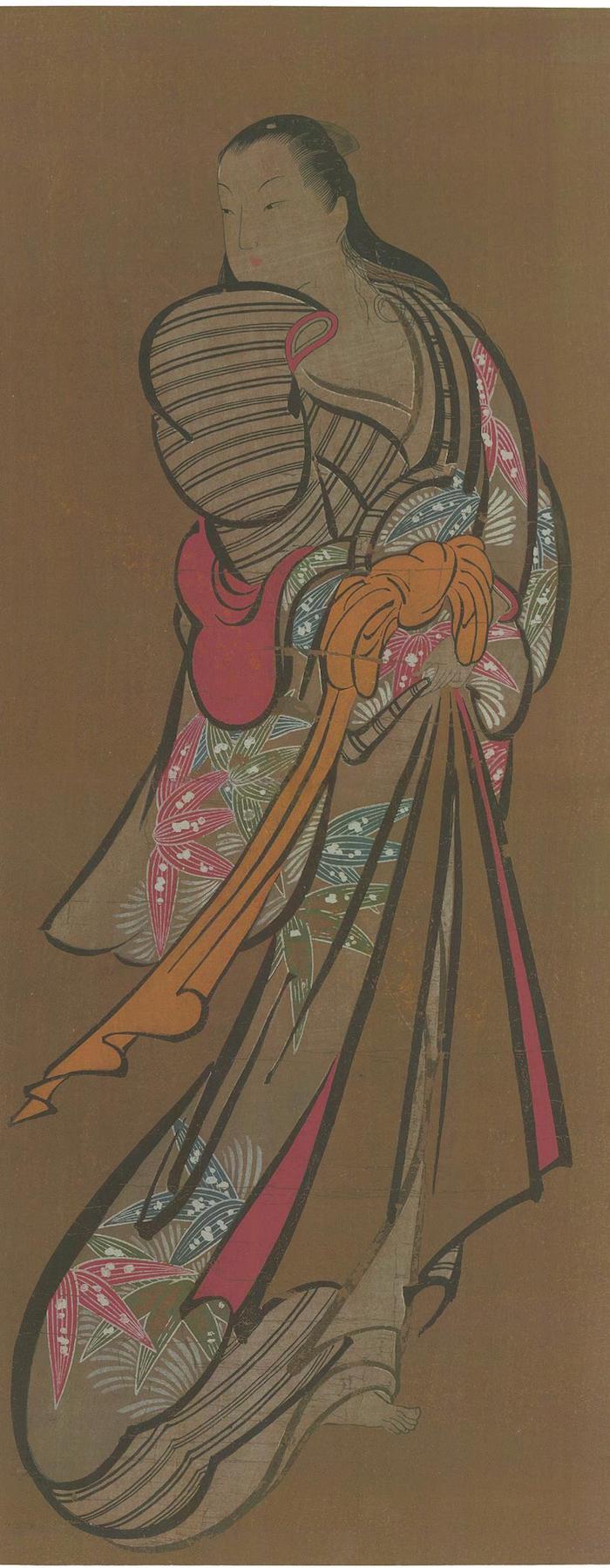 图八十六《美人图》，鸟居清倍（据传）。原作手绘，纸本着色，横七寸三分，纵二尺五寸。东京高岭秀夫君藏