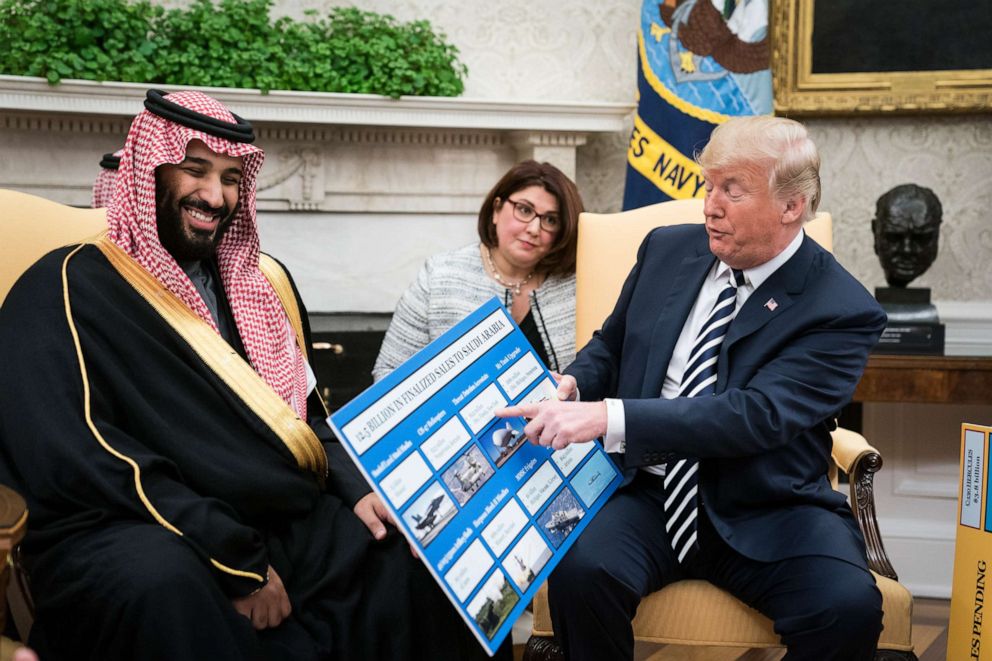 PHOTO: President Donald Trump shows off posters as he talks with Crown Prince Mohammad bin Salman of the Kingdom of Saudi Arabia during a meeting in the Oval Office at the White House, March 20, 2018.