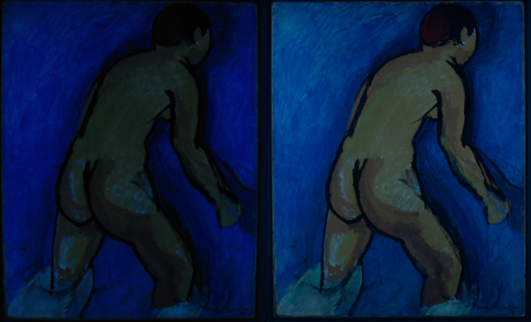 左：紫外线下的《浴者》；右：红外摄像头下的《浴者》